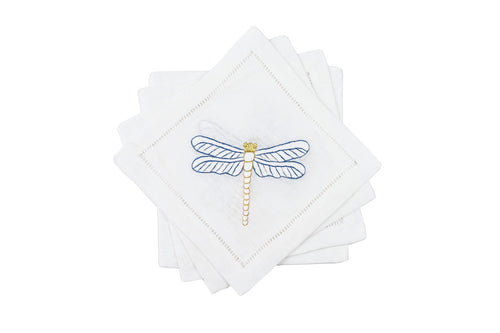 Hamptons Dragonfly Cocktail Napkins 6x6 (Set of 4) - Loro Lino Fine Linens
