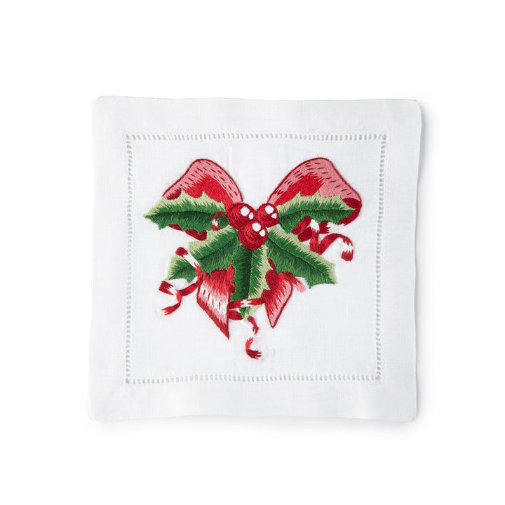 Holly Wreath Holiday Cocktail Napkins  6x6 (Set of 4) - Loro Lino Fine Linens