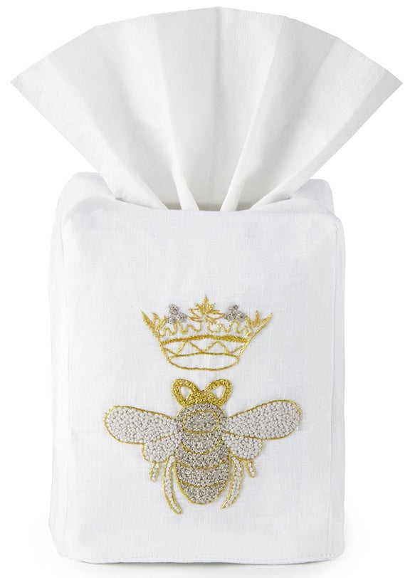 Queen Bee Tissue Box Cover Hand Embroidered - Loro Lino Fine Linens
